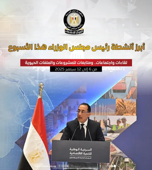المركز الإعلامي لمجلس الوزراء يستعرض بالإنفوجراف أبرز أنشطة رئيس مجلس الوزراء هذا الأسبوع