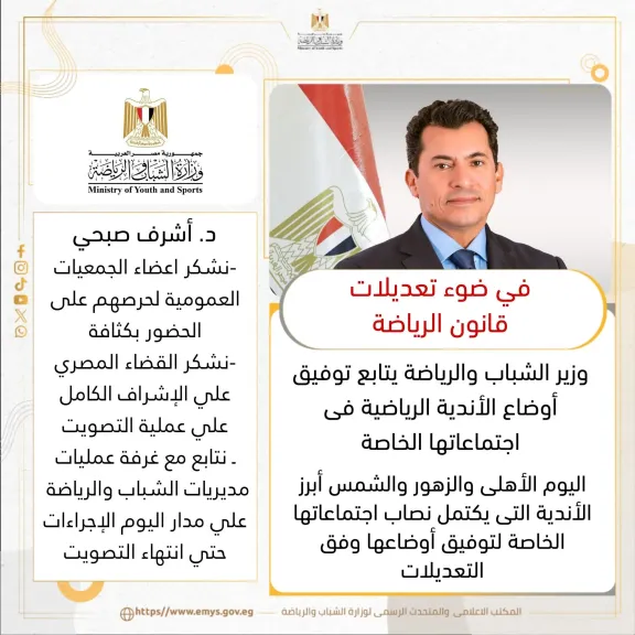 في ضوء تعديلات قانون الرياضة. . وزير الشباب والرياضة يتابع توفيق أوضاع الأندية الرياضية فى اجتماعاتها الخاصة