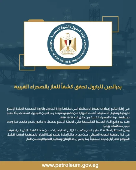 بدر الدين للبترول تحقق كشفاً للغاز بالصحراء الغربية