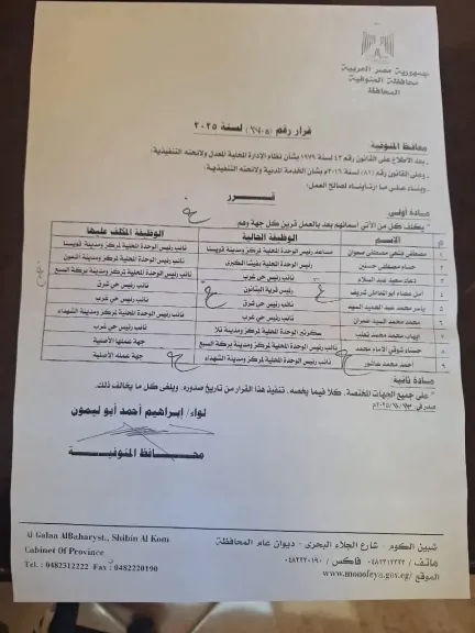 بالاسماء: محافظ المنوفية يصدر حركة محليات لنواب رؤساء المدن