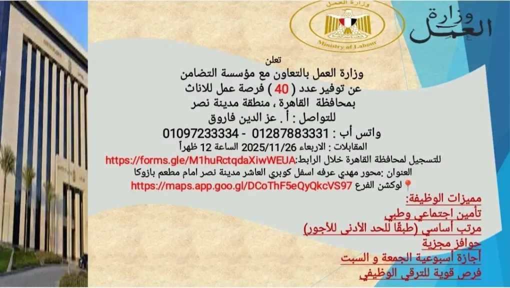 العمل تعلن توفر 40 فرصة عمل للسيدات بمدينة نصر.. اعرف موعد التقديم