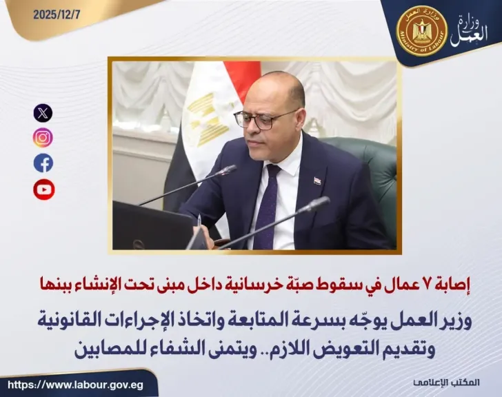 إصابة 7 عمال في سقوط صبّة خرسانية.. وزير العمل يوجّه بسرعة المتابعة واتخاذ الإجراءات القانونية