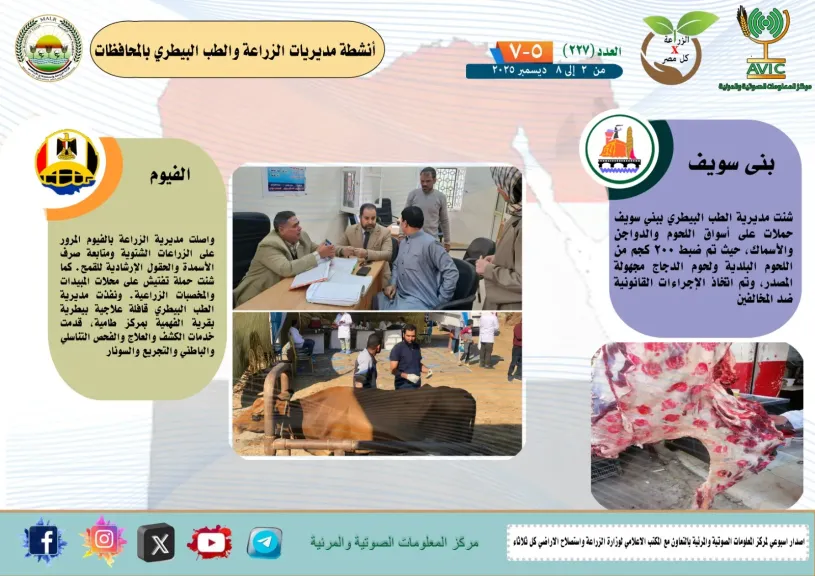 تعرف على أنشطة وجهود مديريات الزراعة والطب البيطري خلال الفترة من 2 إلى 8 ديسمبر