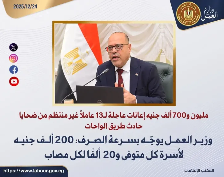 ▪مليون و700 ألف جنيه إعانات عاجلة لـ13 عاملًا غير منتظم من ضحايا حادث طريق الواحات