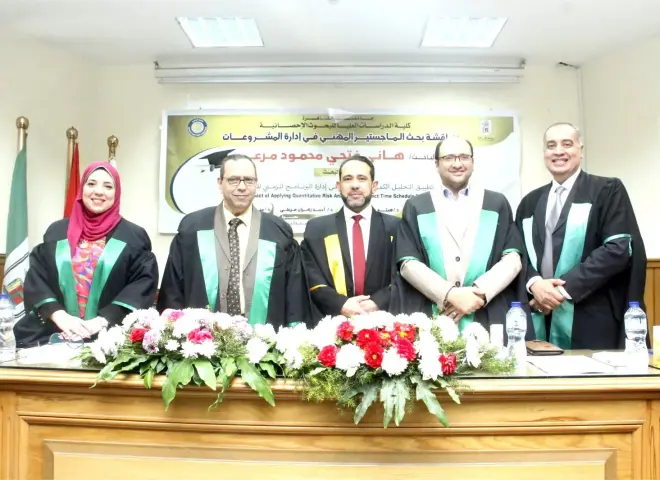 امعة القاهرة هاني فتحي  الماجستير عن أثر التحليل الكمي علي الجدول الزمني للمشروع بالتطبيق علي قطاع الإنشاءات بالسعودية.