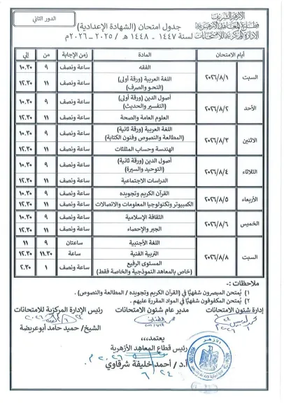 الأزهر يعلن جداول امتحانات الدور الثاني للنقل والشهادات.. البداية 18 يوليو حتى 8 أغسطس