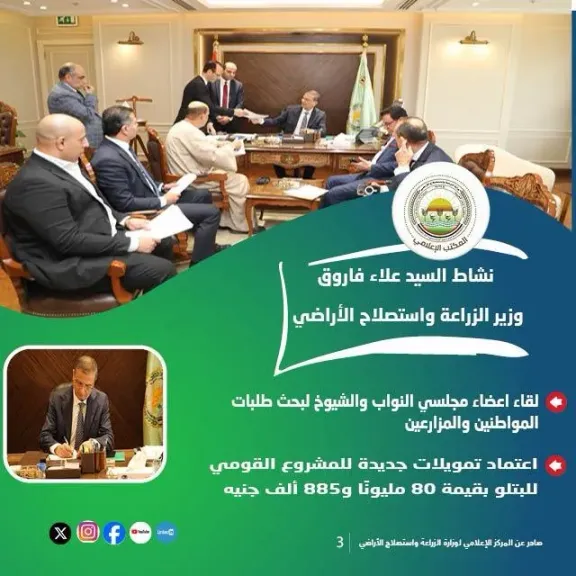 quot;الزراعةquot; تستعرض جهودها في دعم المزارعين وتحقيق الأمن الغذائي خلال الاسبوع الثاني من اكتوبر الجاري