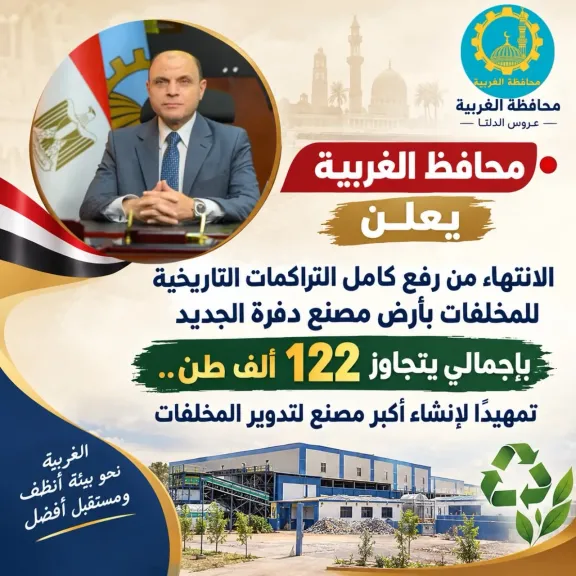 محافظ الغربية يعلن الانتهاء من رفع كامل التراكمات التاريخية للمخلفات بأرض مصنع دفرة الجديد بإجمالي  122 ألف طن